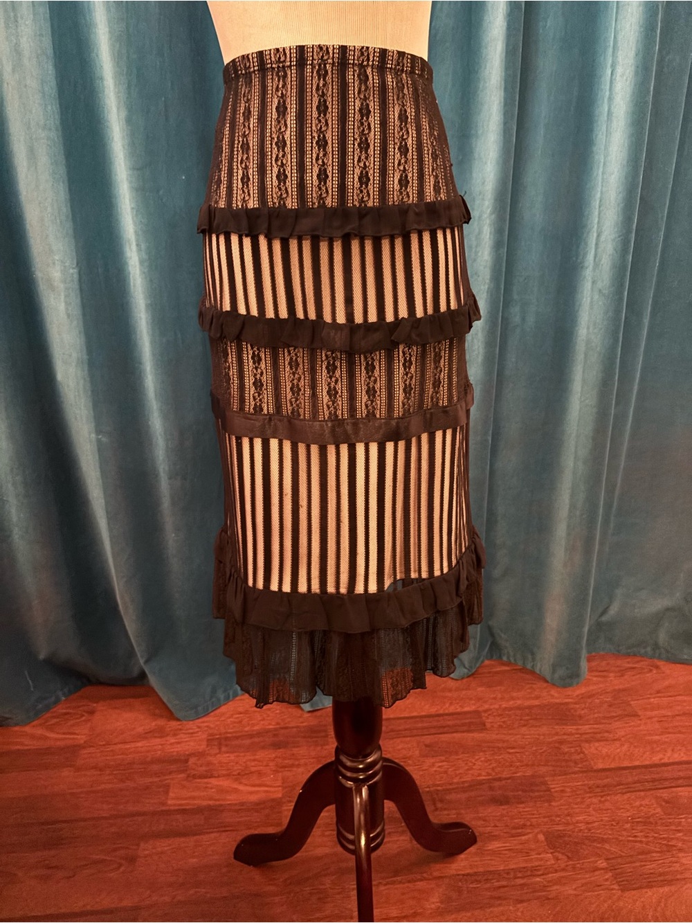 VINTAGE Express Black Sheer Lace & Striped Ruffle Midi Skirt